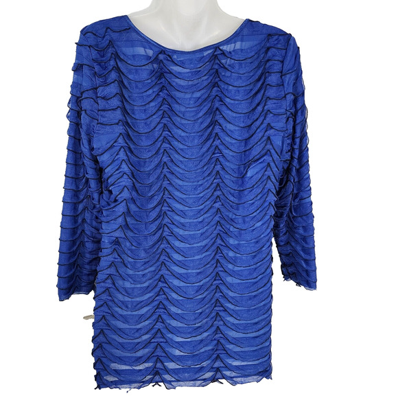 Notations Top Blouse Womens Large Blue Layered Ruffles 3/4 Sleeve Stretch Lined - Picture 2 of 10